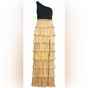 Mac Duggal Black and Gold One Shoulder Dress